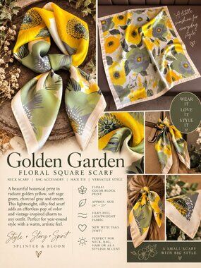 NWT Golden Garden Floral Square Scarf | Silky Feel Boho Bag & Hair Accessory